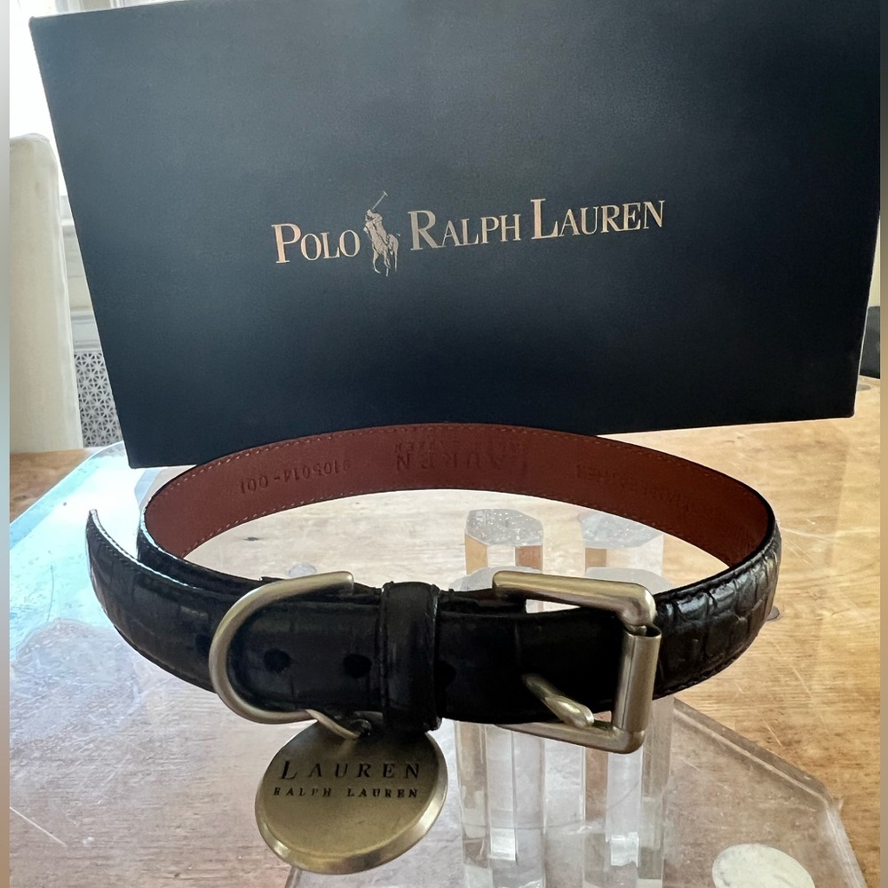 Ralph Lauren Leather New Orig Box Classic Croc Embossed Dog Collar Size Medium .